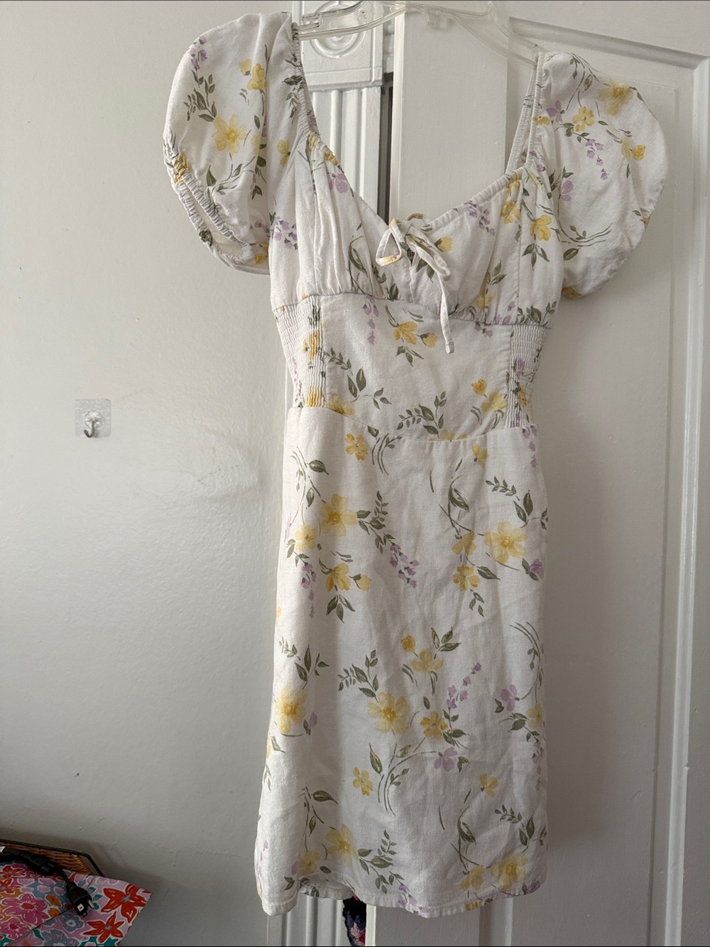 Hollister Cream Floral Puff-Sleeve Mini Dress with Yellow & Lavender Blossoms